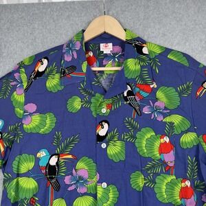 Vintage Scorpio Shirt Mens Large Blue Hawaiian Aloha Button Up Toucan Parrot USA